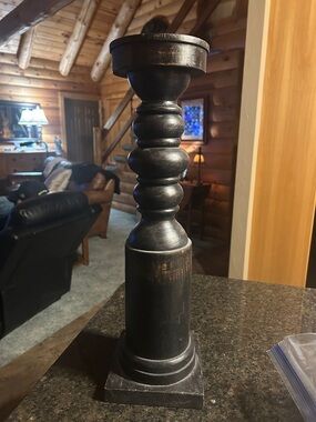 Pottery Barn Rustic Black Wood Turned Candle Holder -